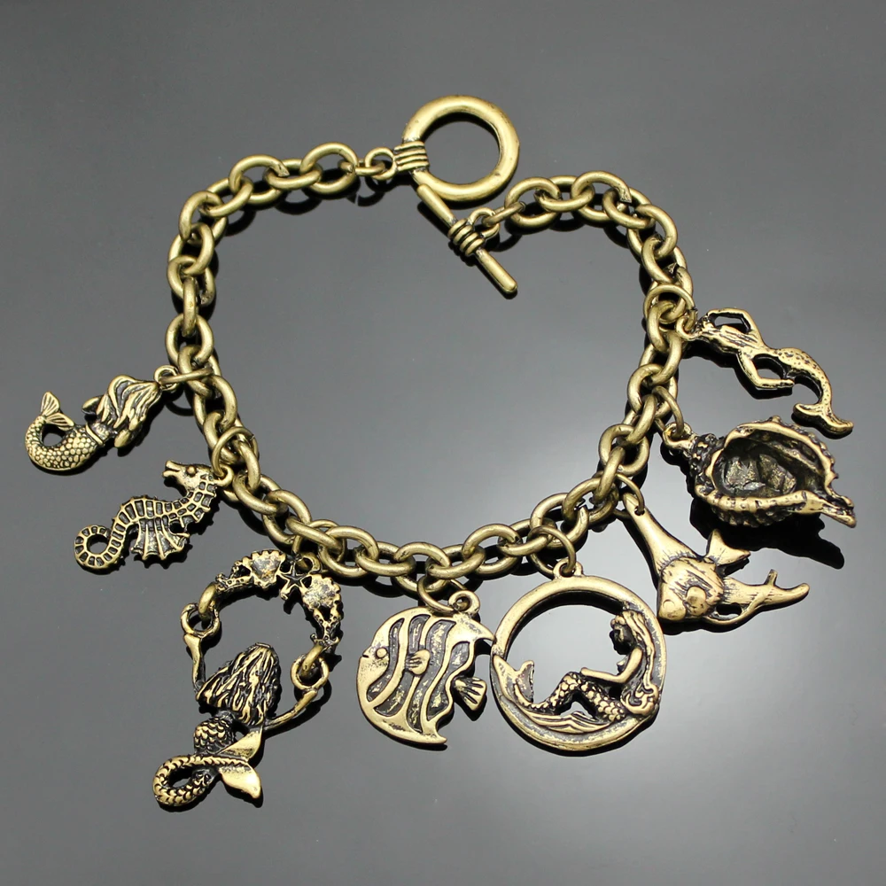 Retro Princess Ariel Mermaid Sea Horse Conch Charm Toggle Cuff Bangle Chain Bracelets For Women bileklik pulseira feminina DIY | Украшения
