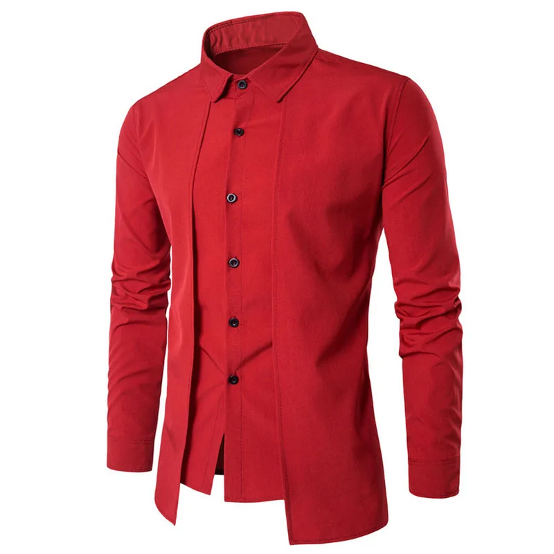 Красный Весна Camisa Masculina тонкие модные мужские рубашки с длинным рукавом свадебные повседневные однотонные мужские облегающие рубашки размера плюс 2X - Цвет: Красный