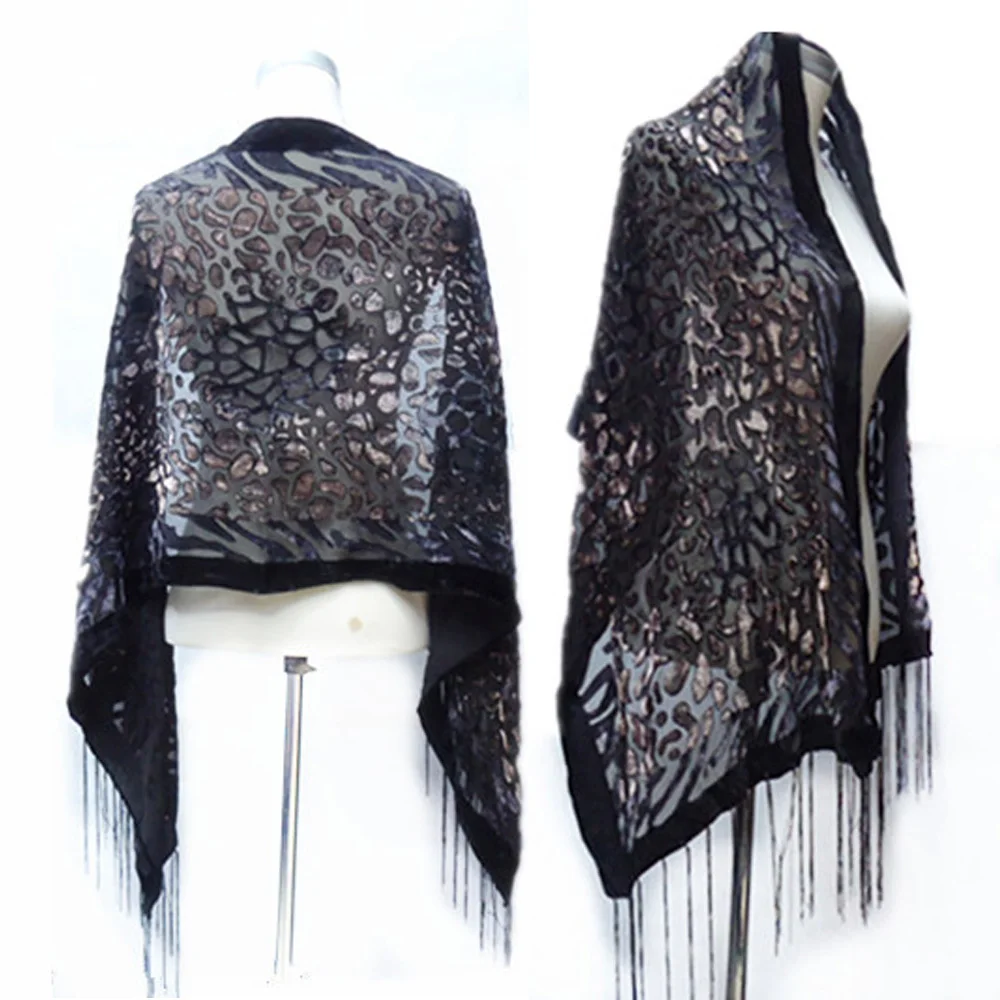 Сексуальный черный бархатный шарф с леопардовым принтом пончо для женщин