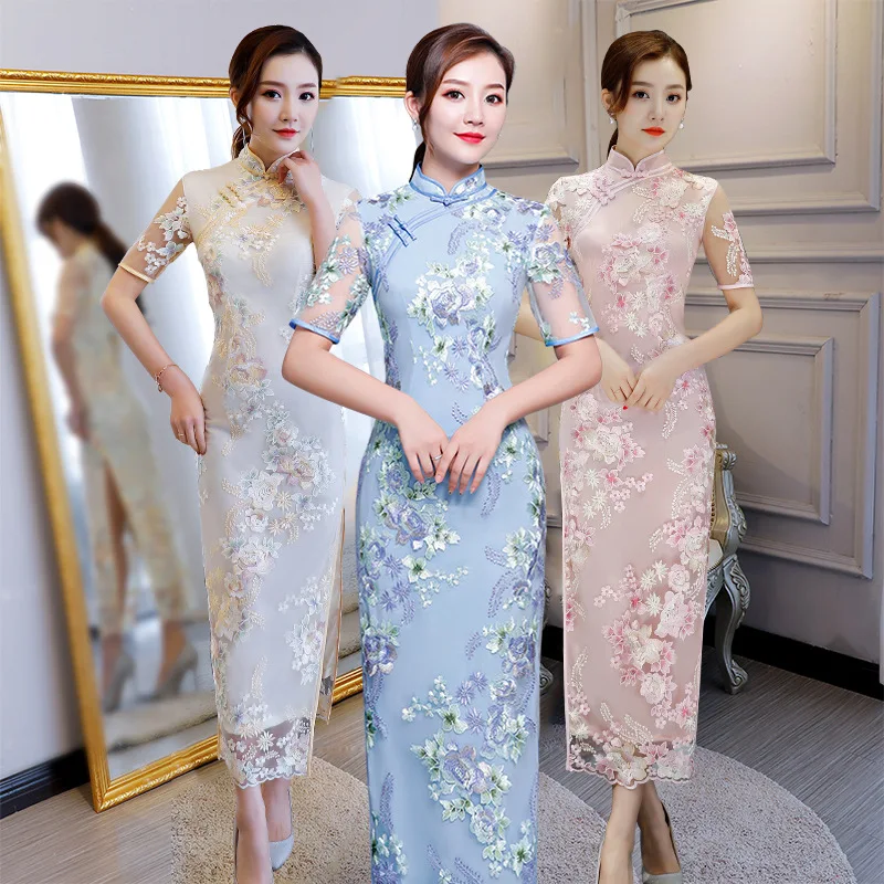 Новые сексуальные кружевные женские длинные Cheongsam вышитые китайские