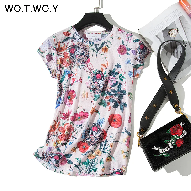 WOTWOY летние футболки с цветочным принтом женские круглым вырезом и коротким