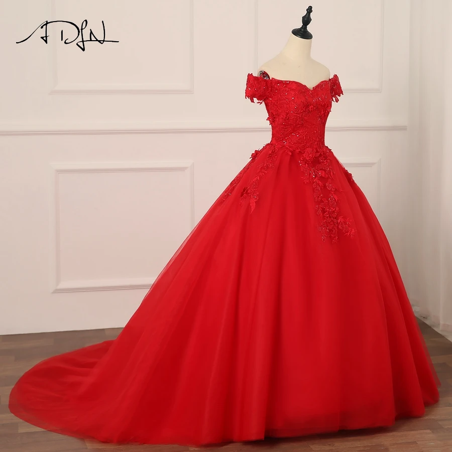 ADLN Винтаж Красные Свадебные платья развертки поезд с плеча блестками бальное