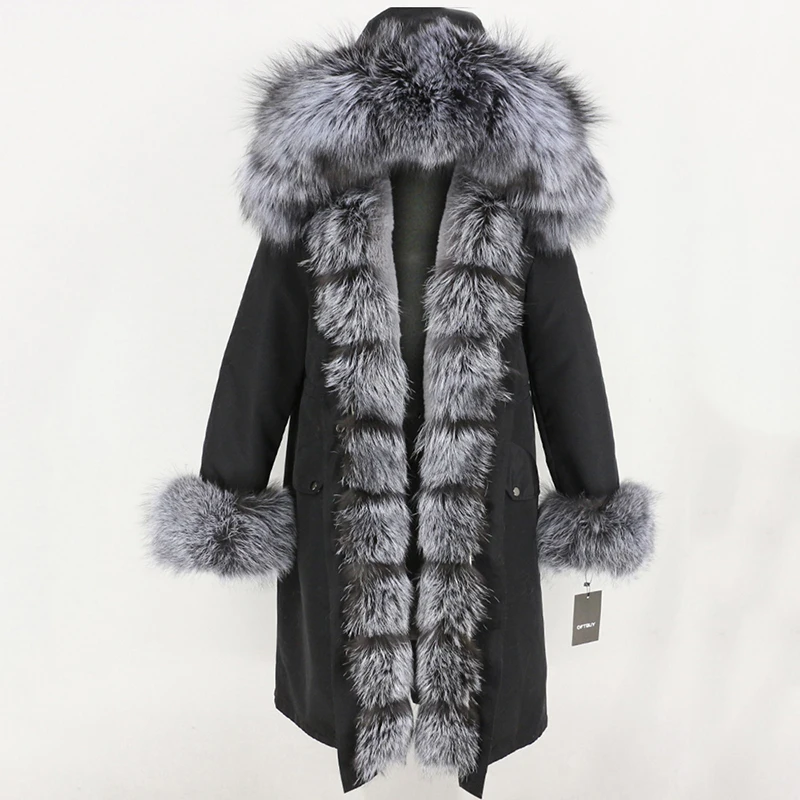black silver Женское пальто на меху с капюшоном OFTBUY, черная непромокаемая парка со съемным натуральным лисьим мехом на капюшоне, зима - Цвет: black silver