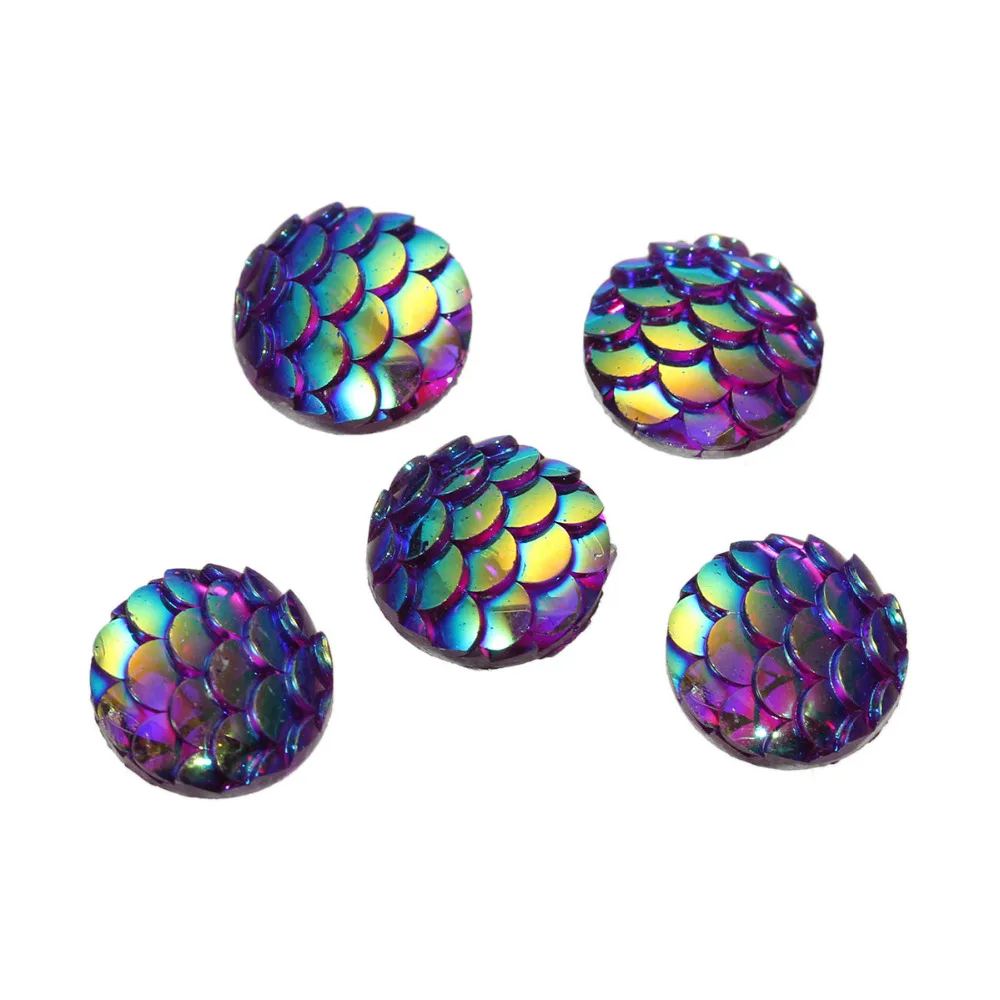 Resin Mermaid Fish/ Dragon Scale Dome Seals Cabochon Round Fuchsia AB Color 10mm | Украшения и аксессуары