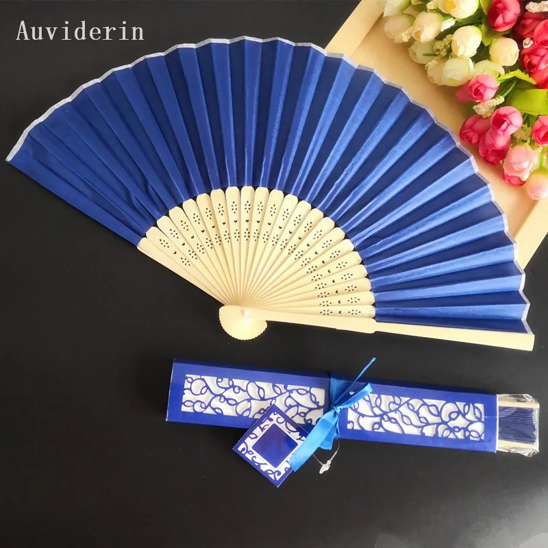 Royal Blue Box 100 шт персонализированный роскошный Шелковый складной ручной вентилятор в элегантной подарочной коробке с лазером+ свадебные сувениры, Подарочные именные - Цвет: Royal Blue Box