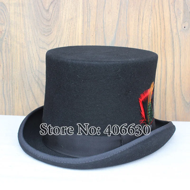 Deluxe Satin Lined 100% Wool Black Top Hats Felt For Mens Chapeu Masculino Free Shipping PWFR114