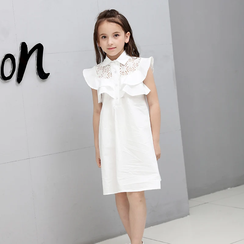 Летнее платье-рубашка для девочек 2018 платья с отложным воротником белое платье