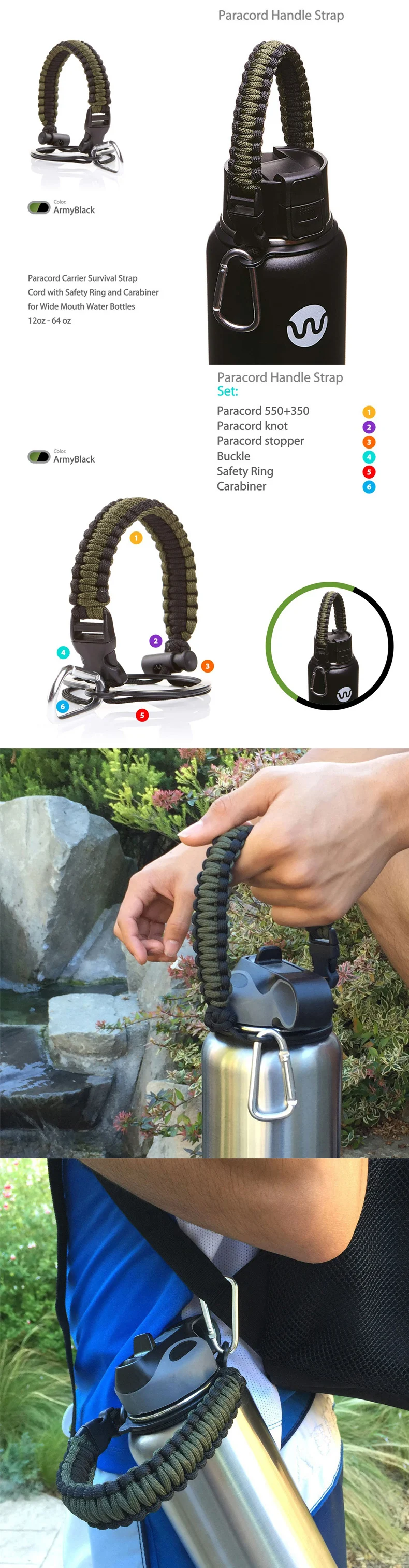 Paracord ручка для гидрофляги бутылка для воды для выживания с защитным кольцом Карабин компас подходит для бутылок с широким горлом 12 унций до 64 унций