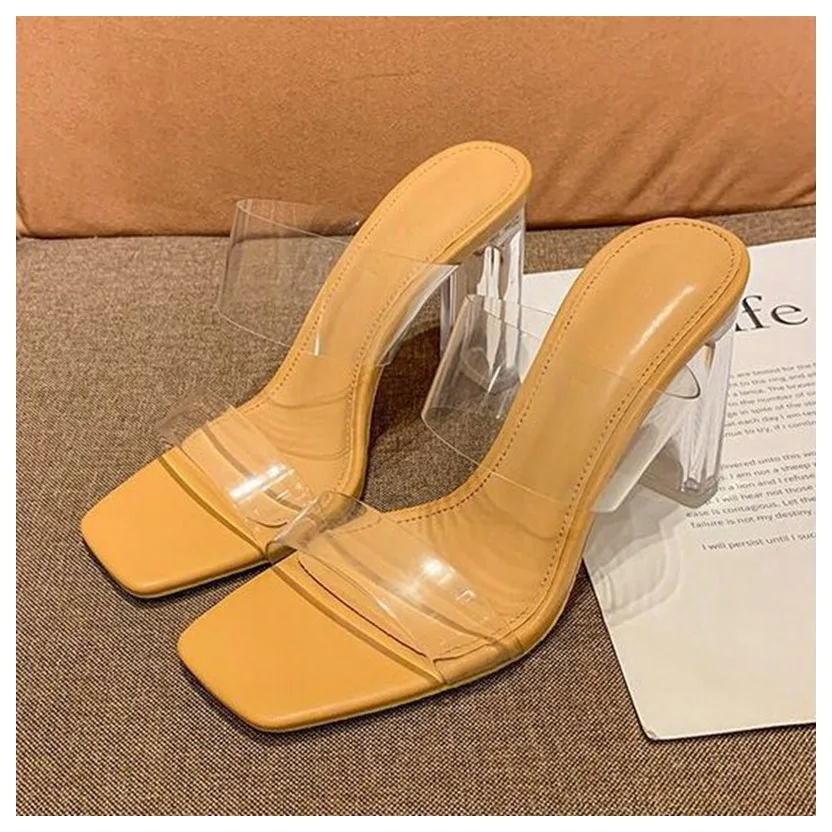 Beige 6.5 cm Брендовые дизайнерские прозрачные тапочки; женские шлепанцы на высоком каблуке; летняя обувь для вечеринок; женские вьетнамки на прозрачной ленте; шлепанцы на каблуке со стразами - Цвет: Beige 6.5 cm