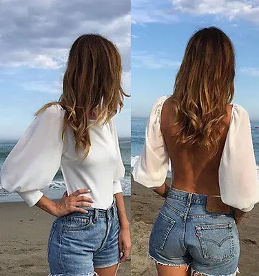 Пикантная женская черная шифоновая блузка с открытой спиной длинным рукавом