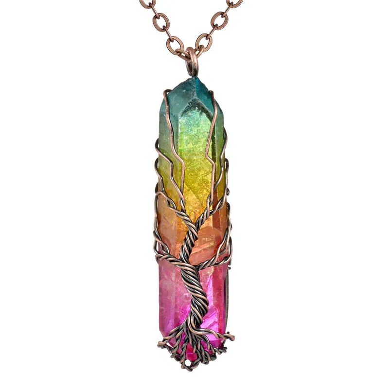Vintage Tree of Life Quartz Pendant Necklaces for Women Handmade Rainbow Chakra Healing Jewelry Party Accessories | Украшения и