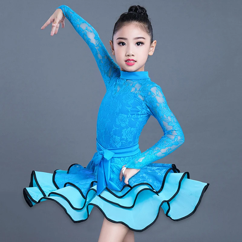 Платье для латинских танцев девочек кружевные платья с длинными рукавами