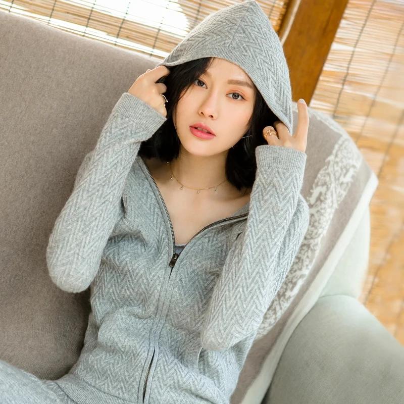 100% Cashmere Sweater Women Hooded Cardigans Zipper Long Sleeves 2 Colors Ladies Casual Coat Knitwear New Fashion |