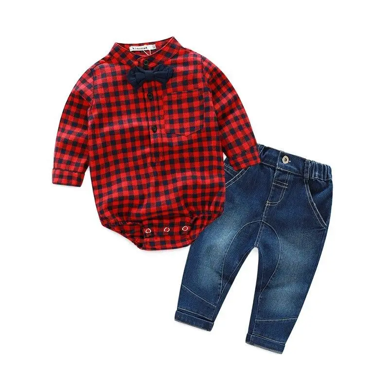 2pcs Kids Baby Boys Clothes Set Bodysuit Jumpsuit Long Sleeve Plaid Tops Jeans Pants Outfits Boy Clothing |