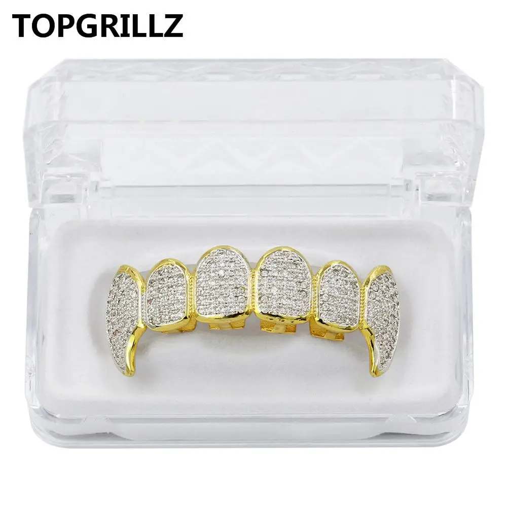 Gold Top TOPGRILLZ пользовательский Fit посеребренный CZ микро проложить сверху и снизу Пользовательские Гриль Набор родий зубы грили вампирский зуб Grillz - Окраска металла: Gold Top