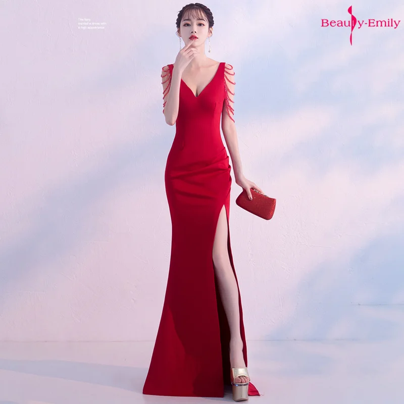 Red Beauty Emily, новинка, вечерние платья с v-образным вырезом, длинные, с лентами, без рукавов, вечерние платья русалки, 7 цветов, с высоким разрезом, сексуальные, robe de soiree - Цвет: Red