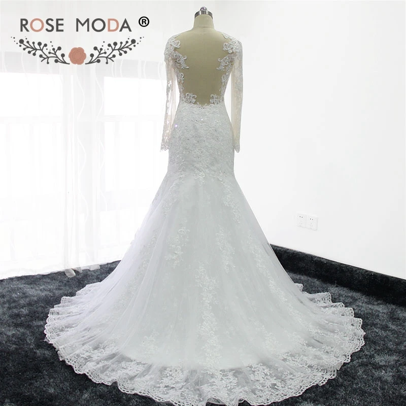 Роза Moda реальное изображение с длинным рукавом кружево Русалка свадебное платье Иллюзия Назад назначения Свадебные платья