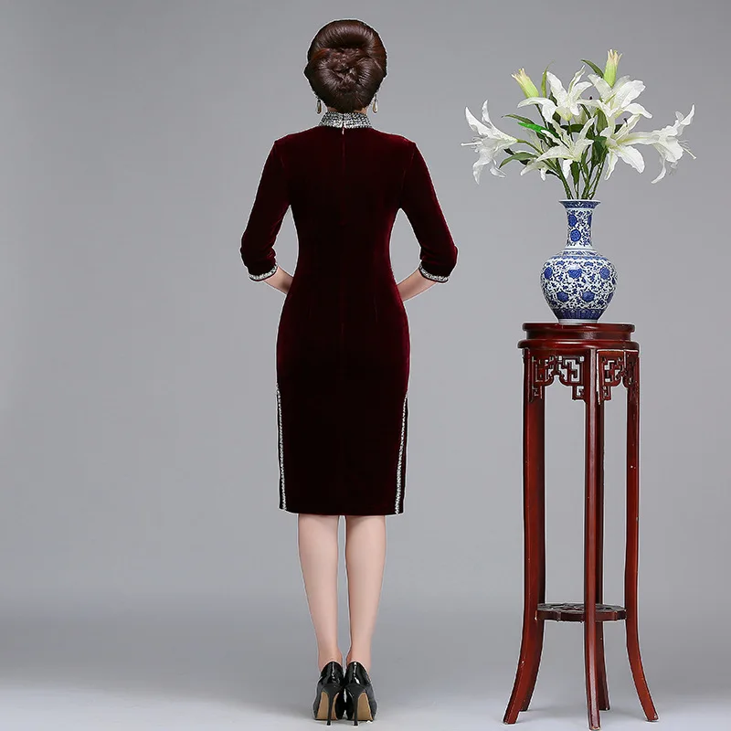 Цветочный бисерный китайский женский элегантный Cheongsam Осень Зима бархатное вечернее платье оверсайз 3XL 4XL Vestidos Винтаж Qipao