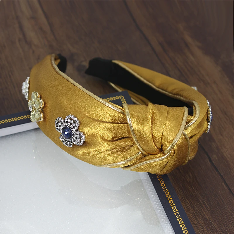 Luxury Fabric Rhinestone Flower Hair Accessories for Women Girls Flash Crystal Headbands Retro Knotted Lady Bands Headdress | Украшения и