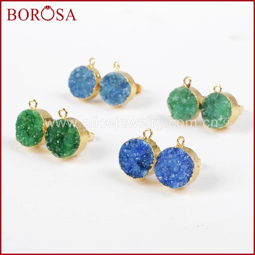 BOROSA серьги Друза золотого цвета 12 мм зеленый и синий круглый кристалл Druzy