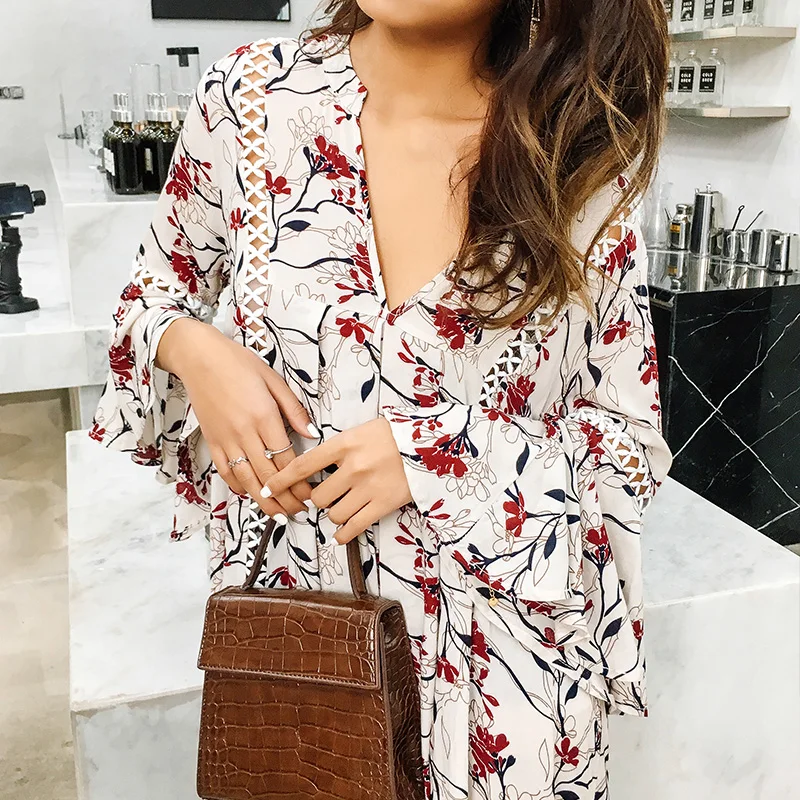 Afogatoo Boho Цветочная печать свободное мини-платье Элегантное уличная пляжное женское платье Женская, с перфорацией с расклешенными рукавами летнее платье