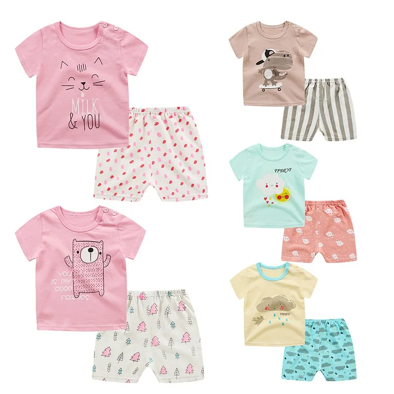 Хлопковая одежда с короткими рукавами для маленьких девочек и мальчиков