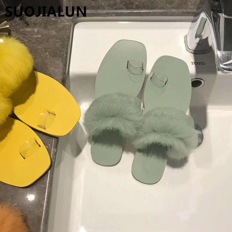 SUOJIALUN/ г.; женские летние пушистые тапочки; женские прозрачные Плюшевые сандалии с лисьим мехом; повседневные уличные шлепанцы на плоской подошве с квадратным носком