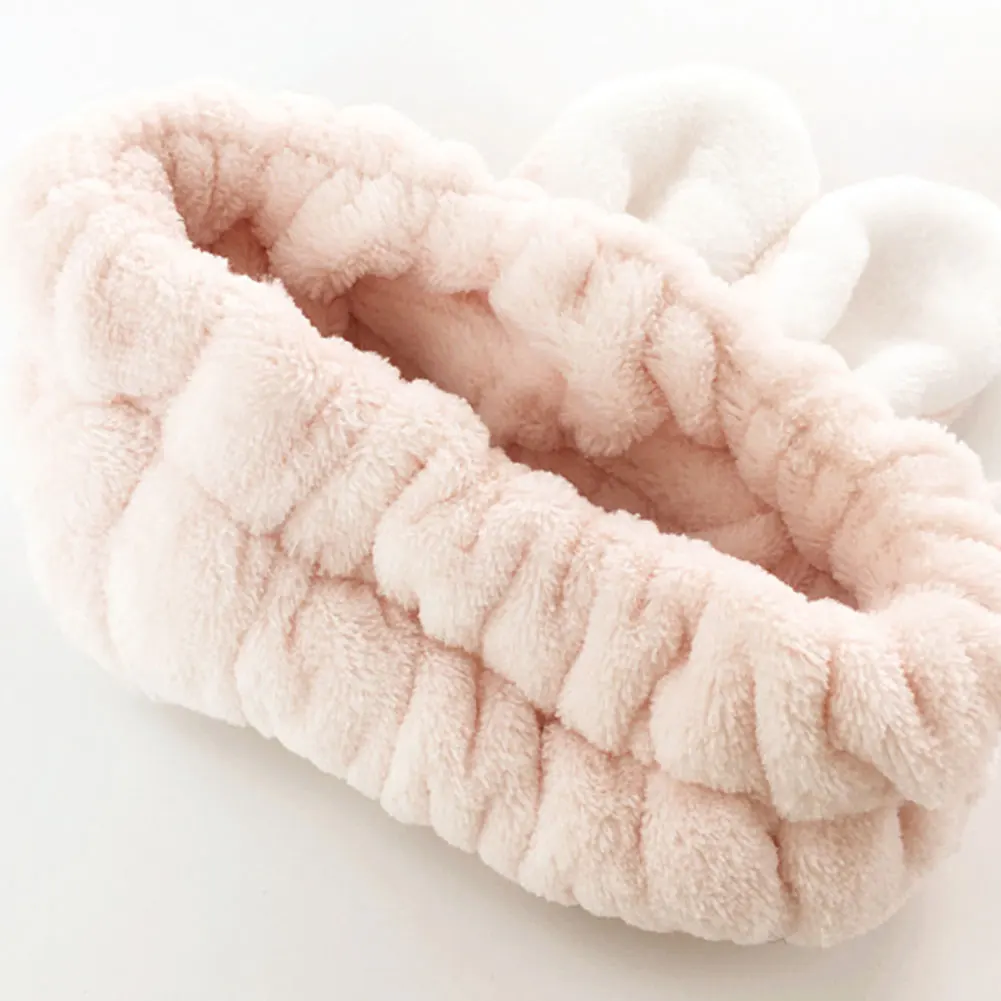 Women Fashion Makeup Headband Bath Rabbit Ears Hair Band Elastic Brimmed Soft Towel Girls Mask Tool Wash Face Coral Fleece Wide