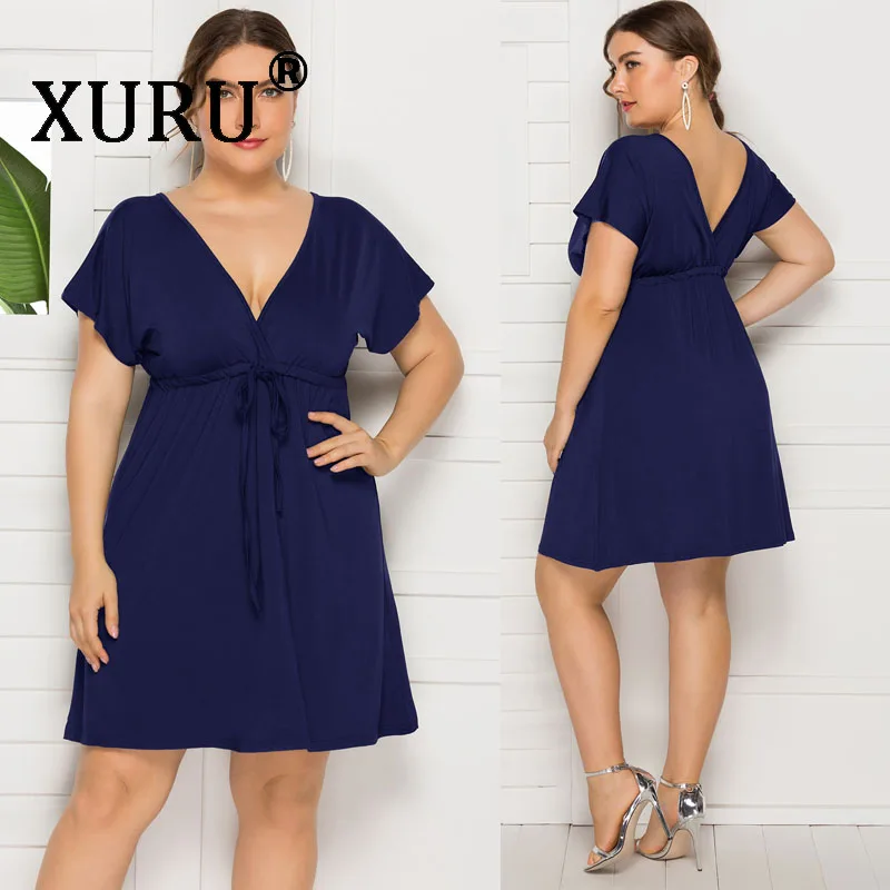 

XURU Summer New Women's Sexy Dresses Solid Color Short Sleeve Deep V-neck Dress Large Size Dress M-4XL