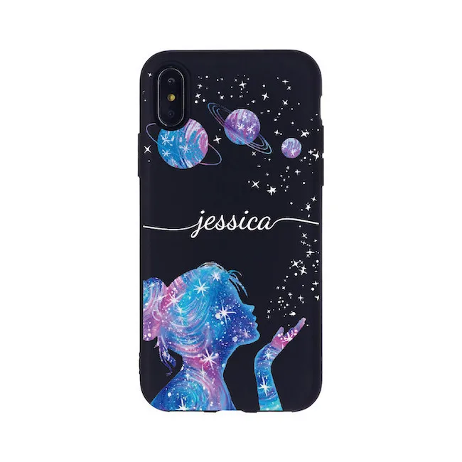 

Custom Personalised Outer Space Moon Stars Girl Name Mobile Phone Black Case For iPhone 12 11 Pro XS Max XR X 7Plus 8Plus
