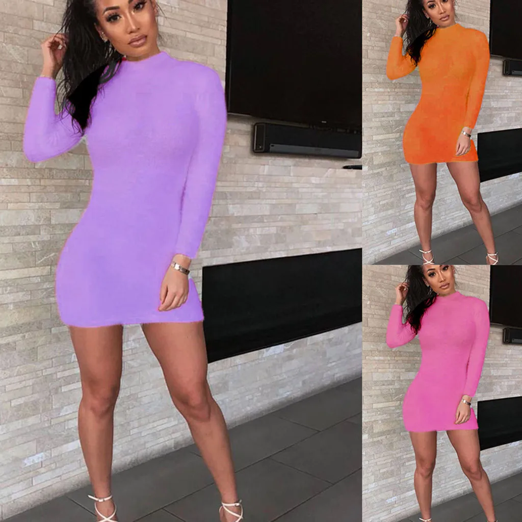 Женские однотонные осенне зимние мини платья облегающее платье с длинным