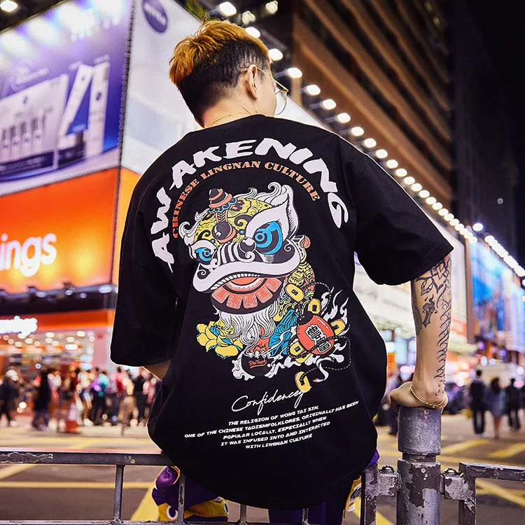 Special Japanese Tide brand short-sleeved men and women summer street hip hop T-shirt Chinese style lovers with half sleeves | Мужская