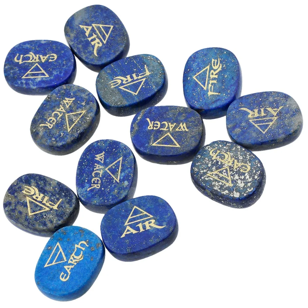 TUMBEELLUWA 1Set (4Pc) Lapis Lazuli Palm Stone Engraved Element Symbols Healing Crystal Reiki Air Water Fire Earth |