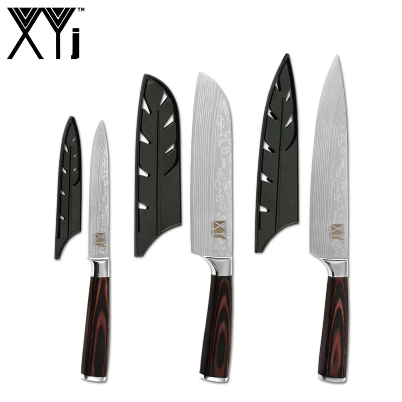 F.3Pcs Set and cover XYj 8 ''7'' 5 ''3,5'' набор кухонных ножей из нержавеющей стали с Дамасским узором, ножи шеф-повара сантоку 11 ''подставка для кухонных ножей, инструменты - Цвет: F.3Pcs Set and cover