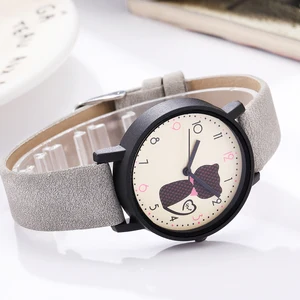 Часы наручные женские кварцевые с принтом кошки, с матовым кожаным ремешком