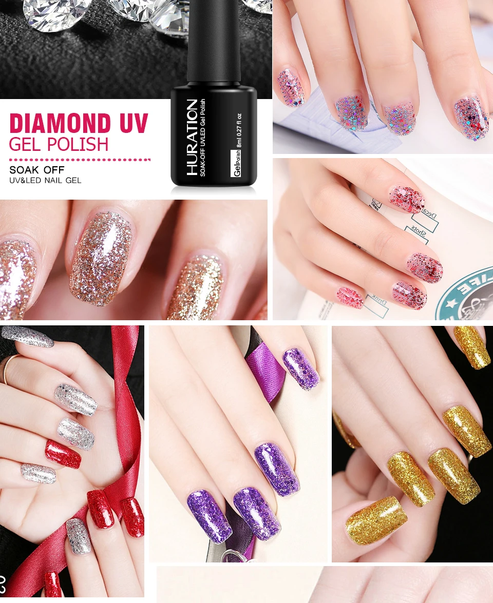 Гель-лак для ногтей Huration 8 мл Lucky Diamond, 29 цветов, сделай сам, замачиваемый, геллак, светодиодный, УФ, цветной, для ногтей, блестящий, алмазный, художественный Гель-лак