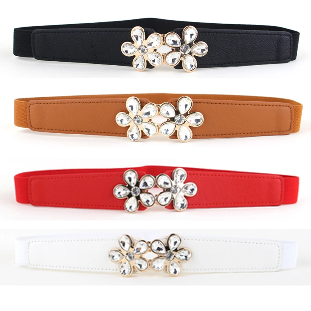 

Women Elegant Skinny Floral Crystal Buckle Belt Faux Leather Lady Waistband BLTLL0310