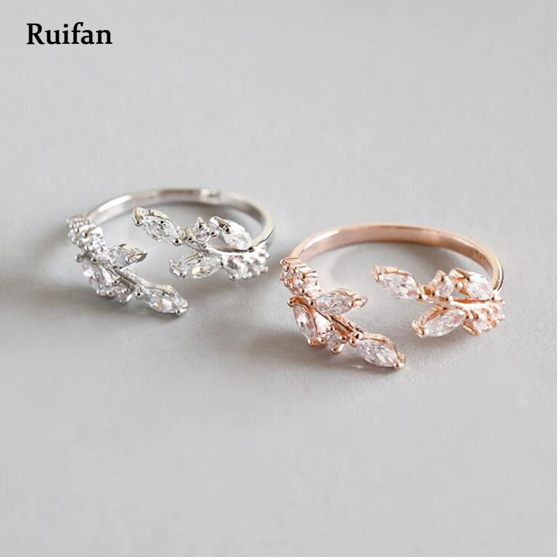 

Ruifan 2 Color Rose Gold 925 Silver Open Ring for Girls Women Leaf Shape Cubic Zirconia Rings Size Adjuster Jewelry YRI010