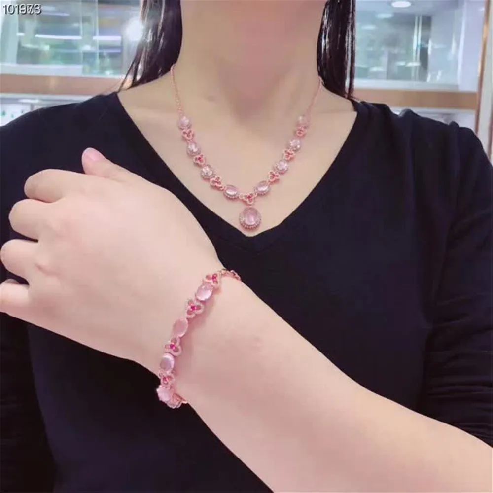 

gem jewelry wholesale fashionable rose gold 925 sterling silver natural pink crystal necklace bracelet jewelry set