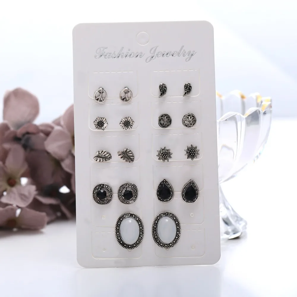 Kymyad 9pairs/set Stud Earrings for Women Fashion Jewelry Vintage Geometric Leaves Plane Flower Boucle D'oreille Femme | Украшения и