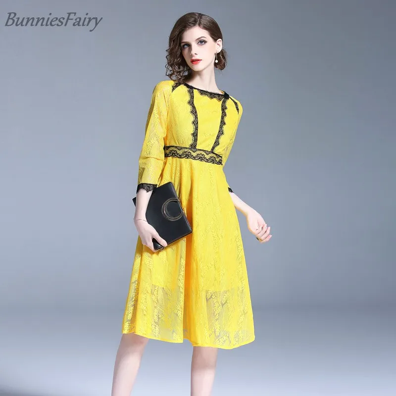 BunniesFairy 2018 новые летние Для женщин Элегантный Желтый Кружева Платье черное с