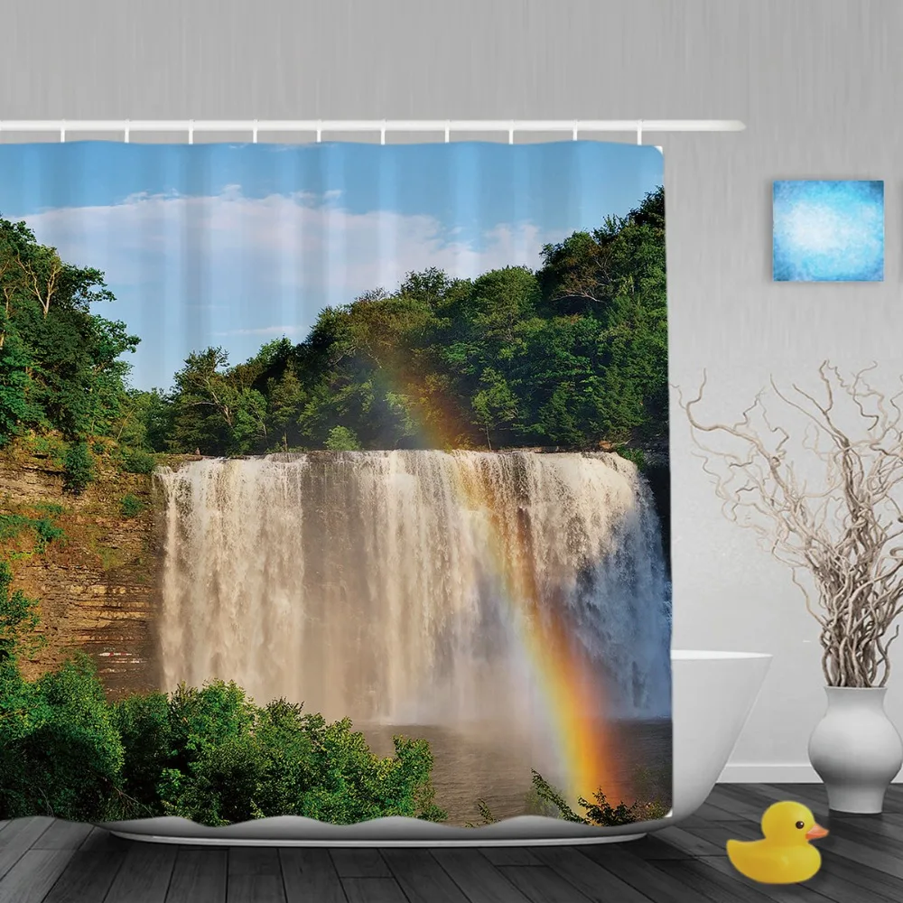 

Spring Waterfall Scenery Shower Curtain Rainbow Tree Decor Bathroom Curtain Ployster Waterproof Fabric Bathroom Shower Curtains