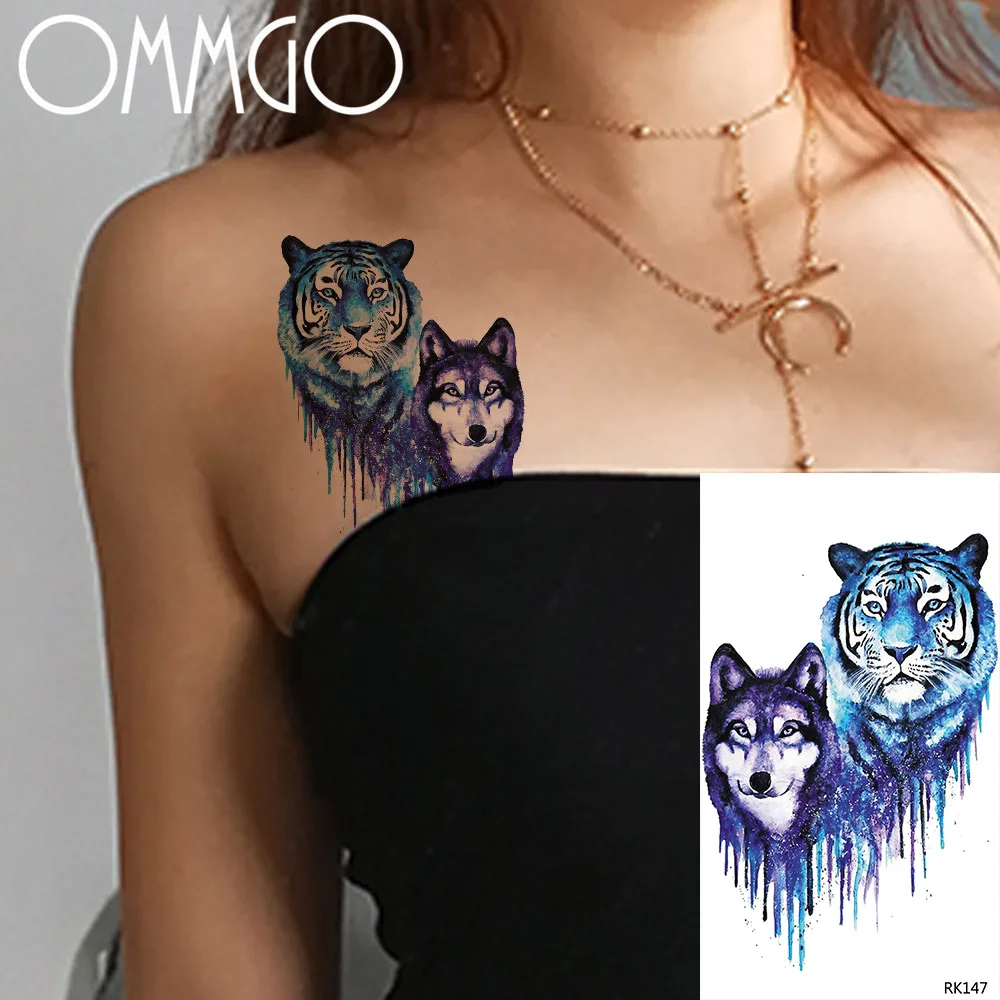 Временная татуировка OMMGO Wolf Tiger для женщин и мужчин водостойкая на