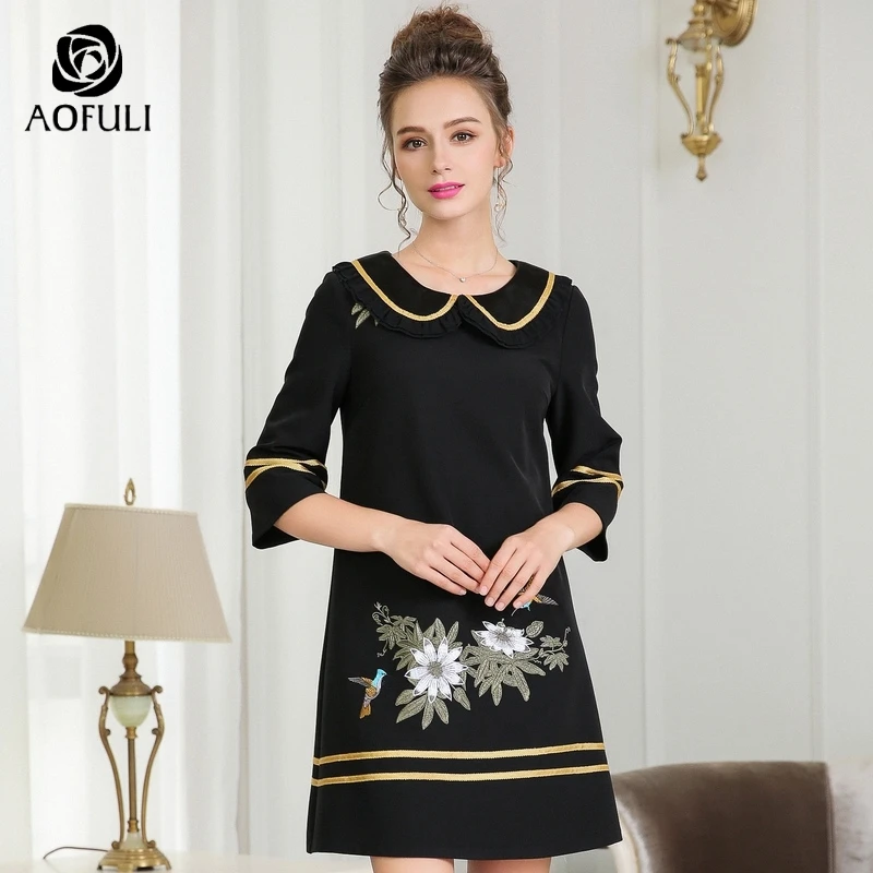 2XL/4XL/5XL размера плюс Вышивка женское платье Весна Осень Половина рукава А-силуэт