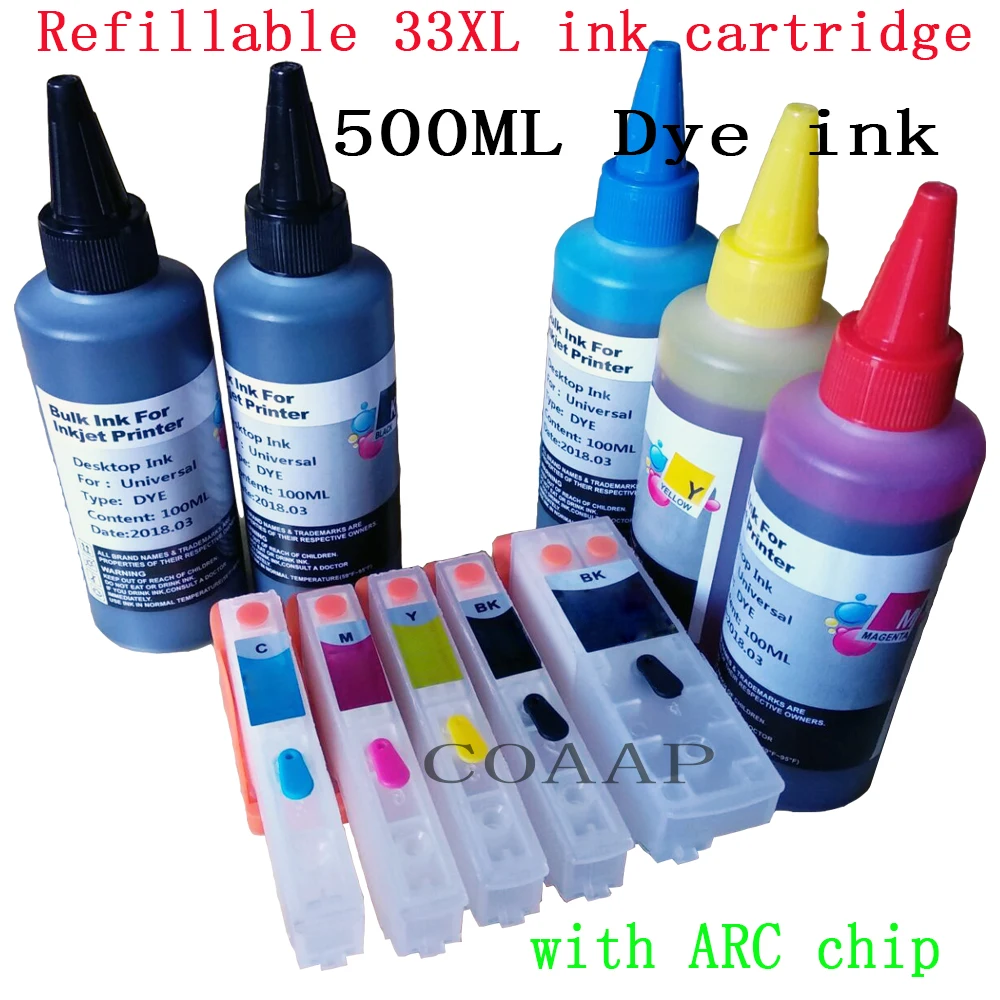 Refillable T3351-T3364 33XL Empty ink cartridge kit + 500ML dye inks for EPSON XP-530 XP-540 XP-630 XP-640 XP-635 XP-645