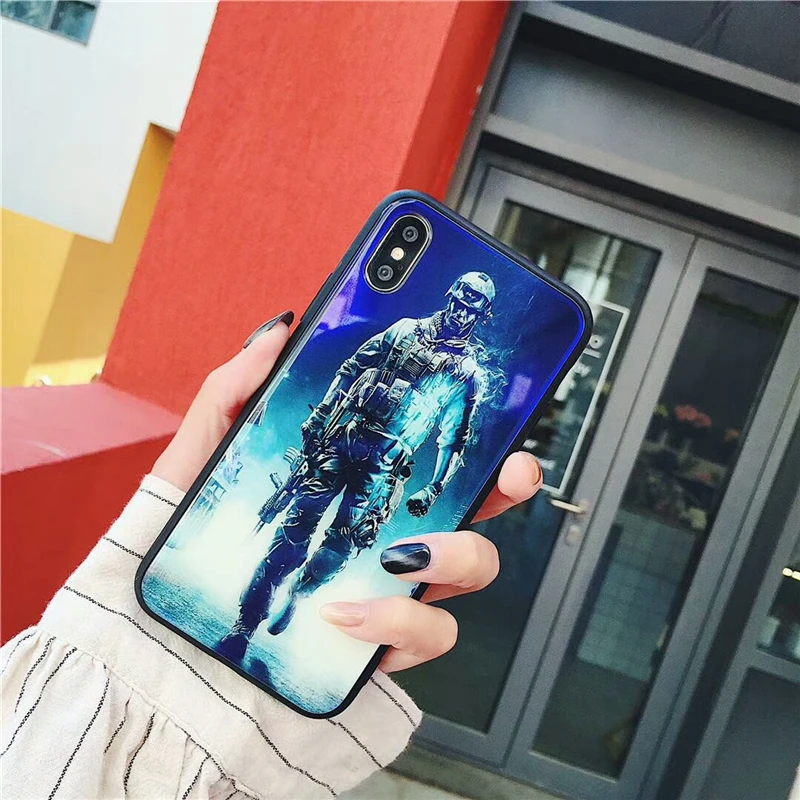 RMJ-DAN Handsome fashion Brave warrior Apply to For Apple iPhone 6 6S 7 8 Plus X Blue Glass Phone Case+TPU cellphone case |