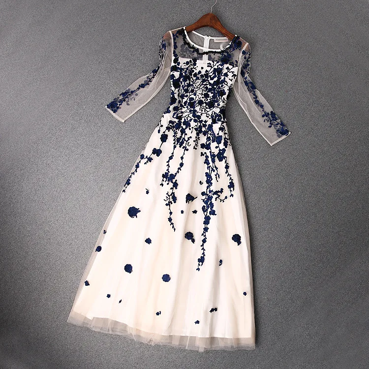 Женское газовое платье длинное бальное с вышивкой рукавом 2016 для свадьбы и