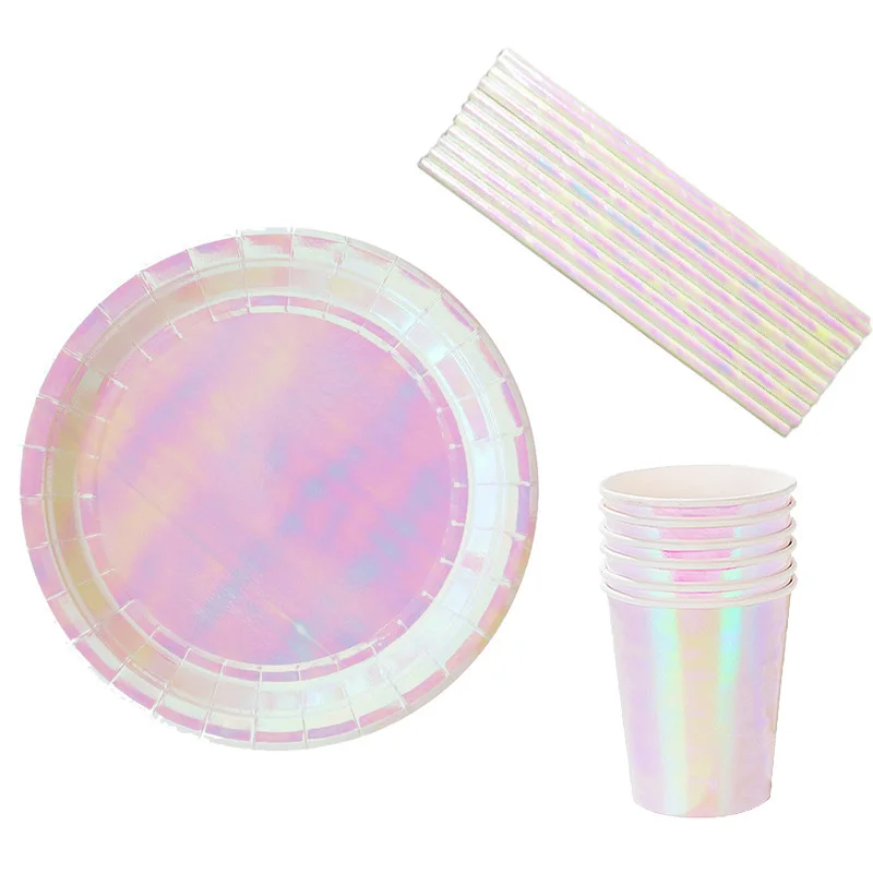 8pcs Disposable Tableware sets paper Plates/cups/straws Irid