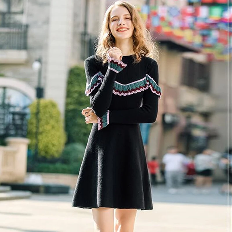 Женское трикотажное платье с рюшами длинным рукавом|Женские платья| |