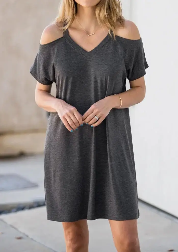 

Women Solid Cold Shoulder Mini Dress Dark Gray Plus Size Female Streetwear summer dress Casual Kawaii Sundress Tshirt Dress